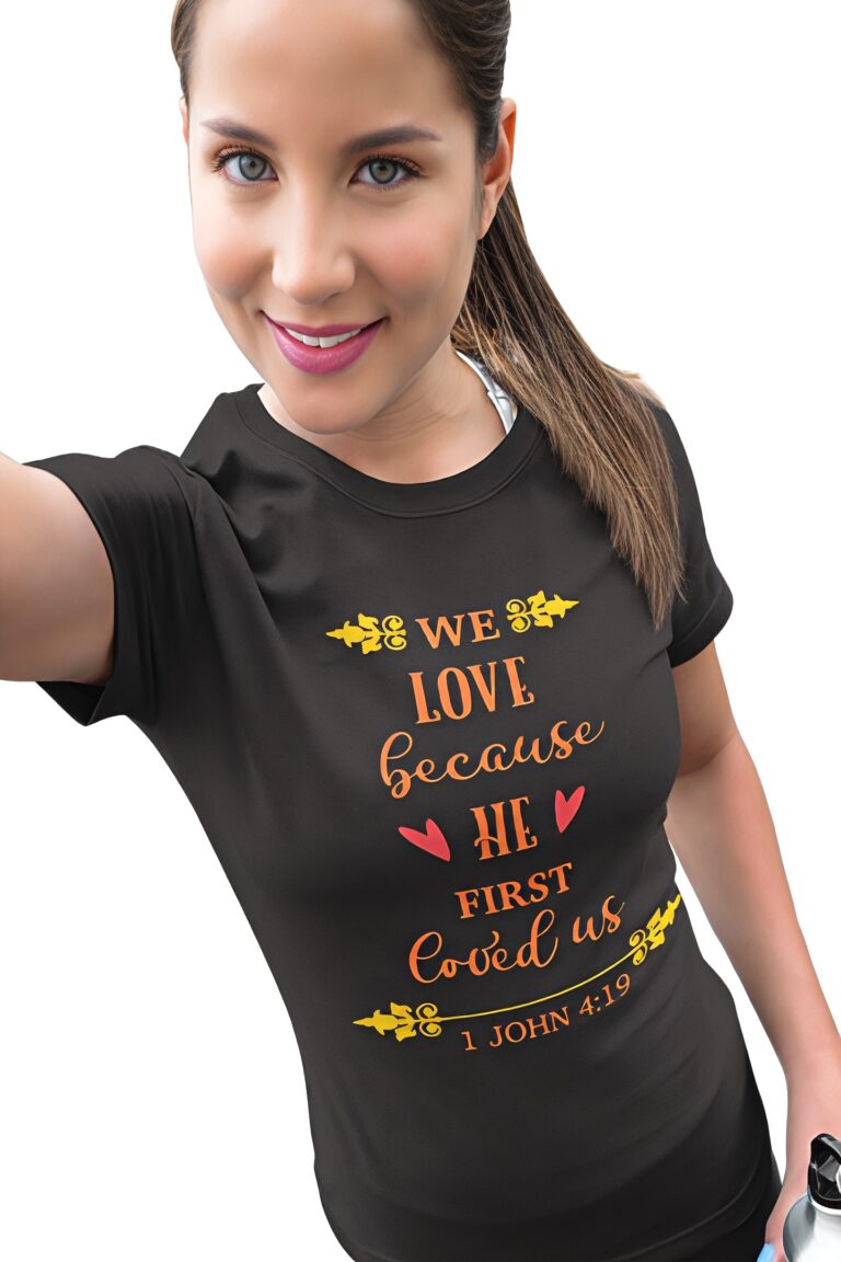 We-love-because-He-first-loved-us-female-model-black-t-shirt-orange-text_new