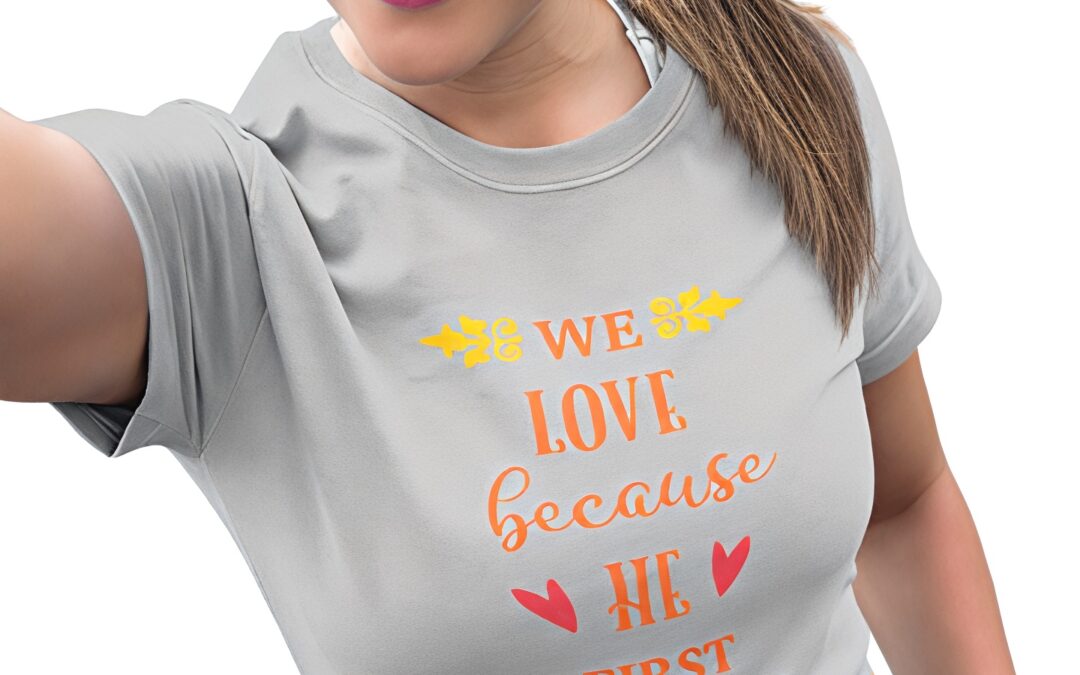 We-love-because-He-first-loved-us-female-model-grey-t-shirt_new
