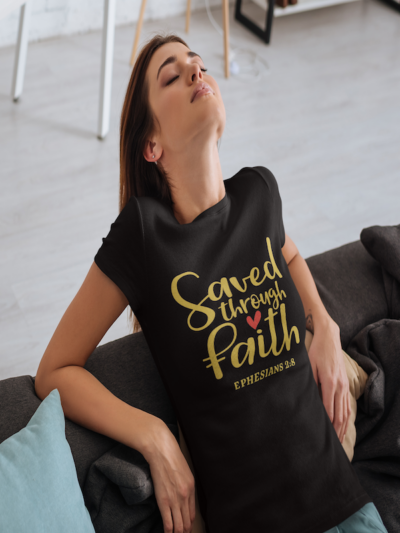 Saved Through Faith Female Model Black T-Shirt