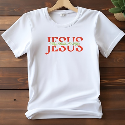 an embroidery white shirt on a swinger with the words Jesus Way Truth and Life